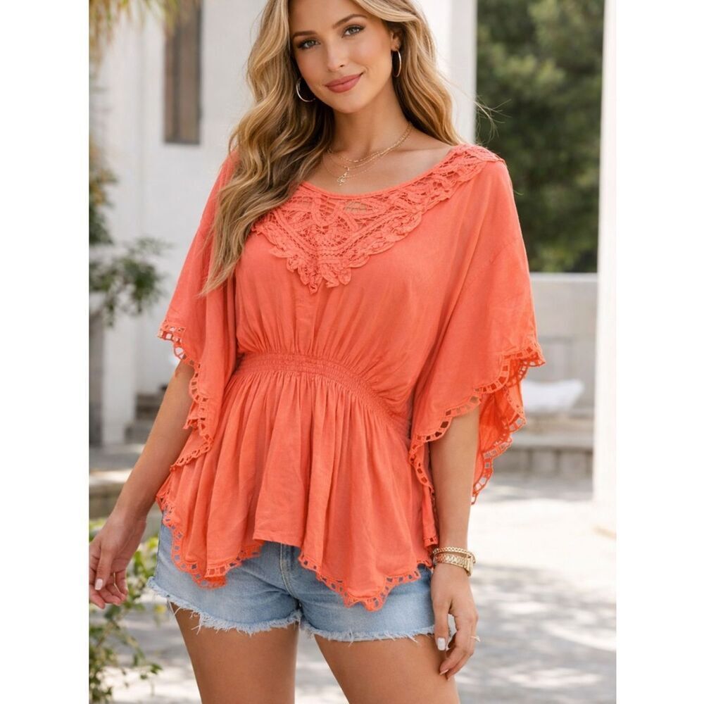 Moon Collection Coral Crochet-Trim Peasant Tunic